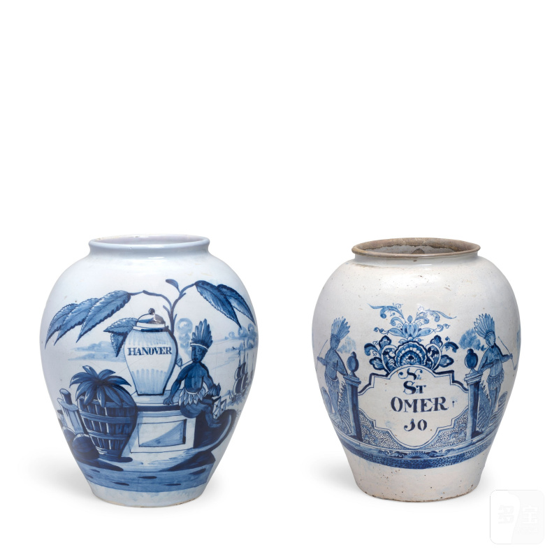 Two Dutch Delft tobacco jars, one 'de Drie Klokken' factory, the other 'De Porceleyne Blijl' factory, both early 18th century, - 图2